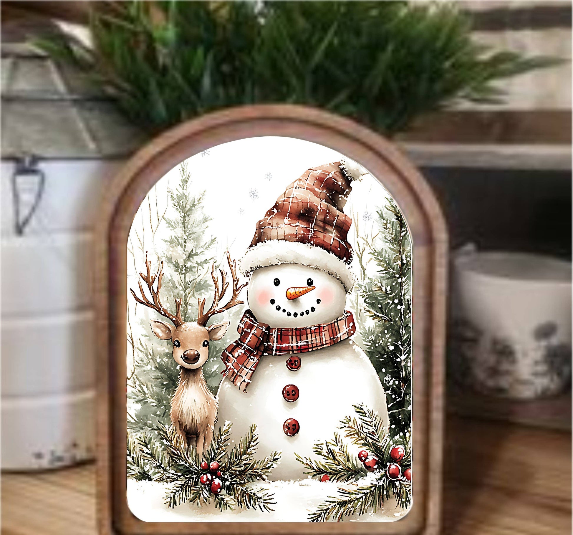 Snowman Deer Framed Art Arch Top, Feathered Farmhouse