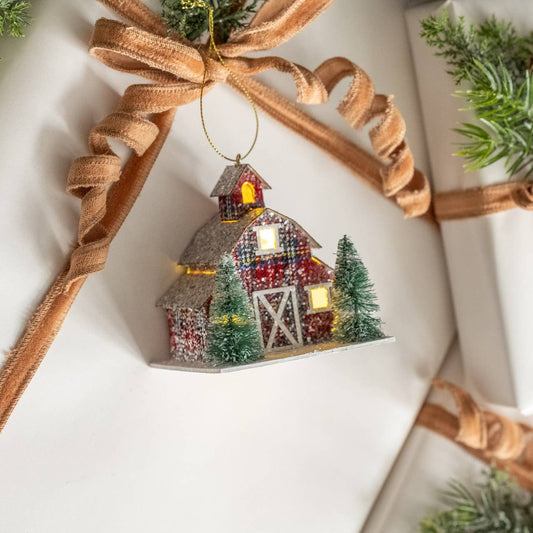 Plaid Lighted Barn Ornament, Feathered Farmhouse