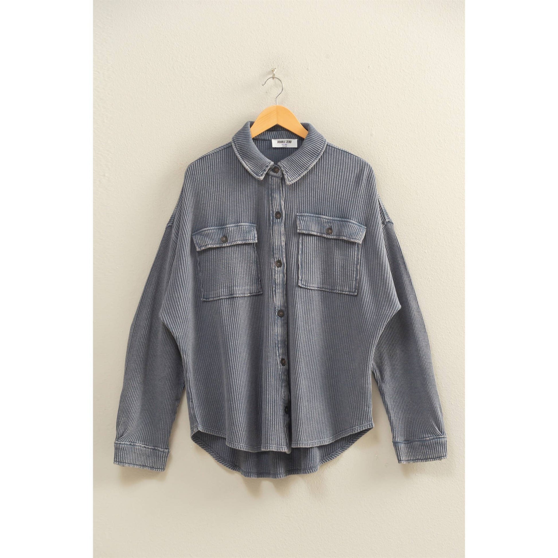 Oversized Mineral Washed Waffle Button Up Shacket, Feathered Farmhouse