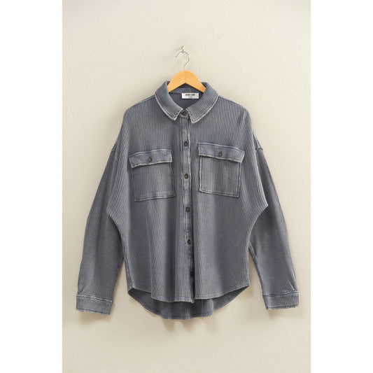 Oversized Mineral Washed Waffle Button Up Shacket, Feathered Farmhouse