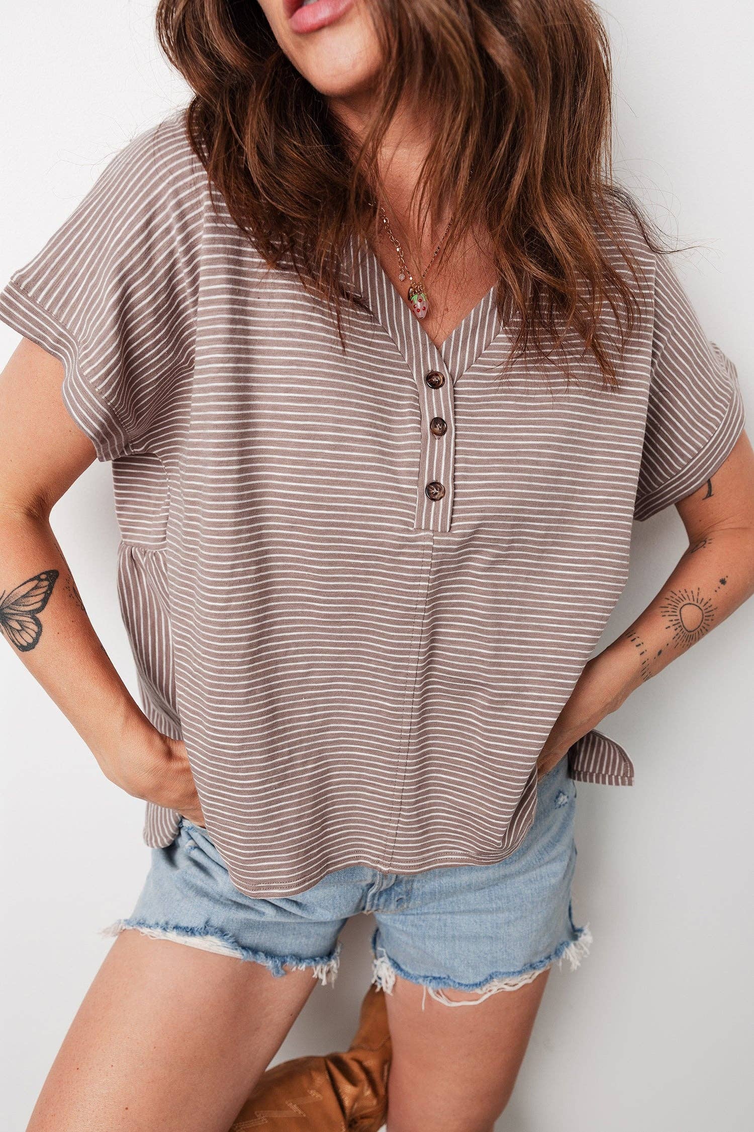 Stripe Buttoned V-Neck Short Sleeve T-Shirt, Feathered Farmhouse