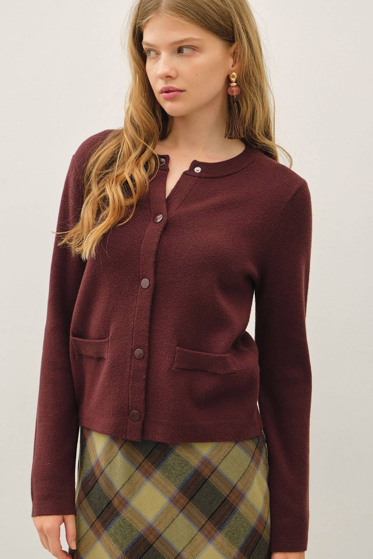 Classic Crewneck Snap Button Closure Cardigan