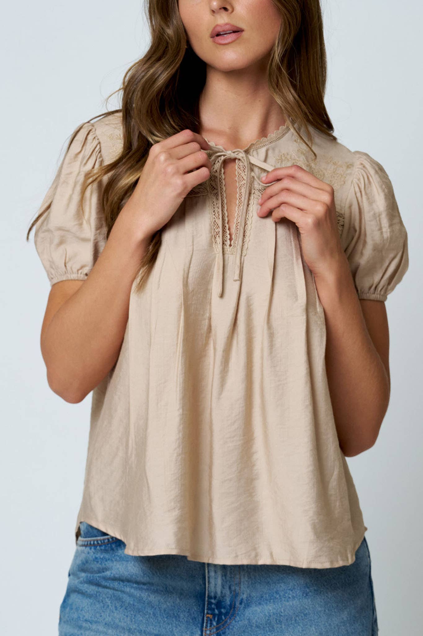 Embroidered Yoke Lace Trim Pintuck Detail Top, Feathered Farmhouse