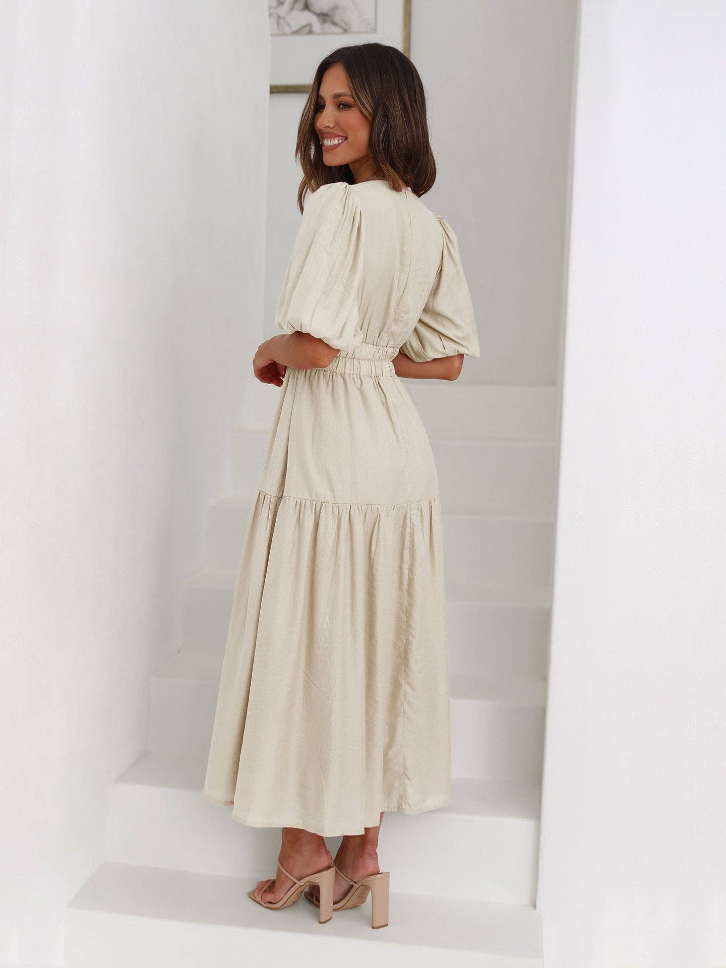 Amy V-Neck Daily Midi Dress, Feathered Farmhouse