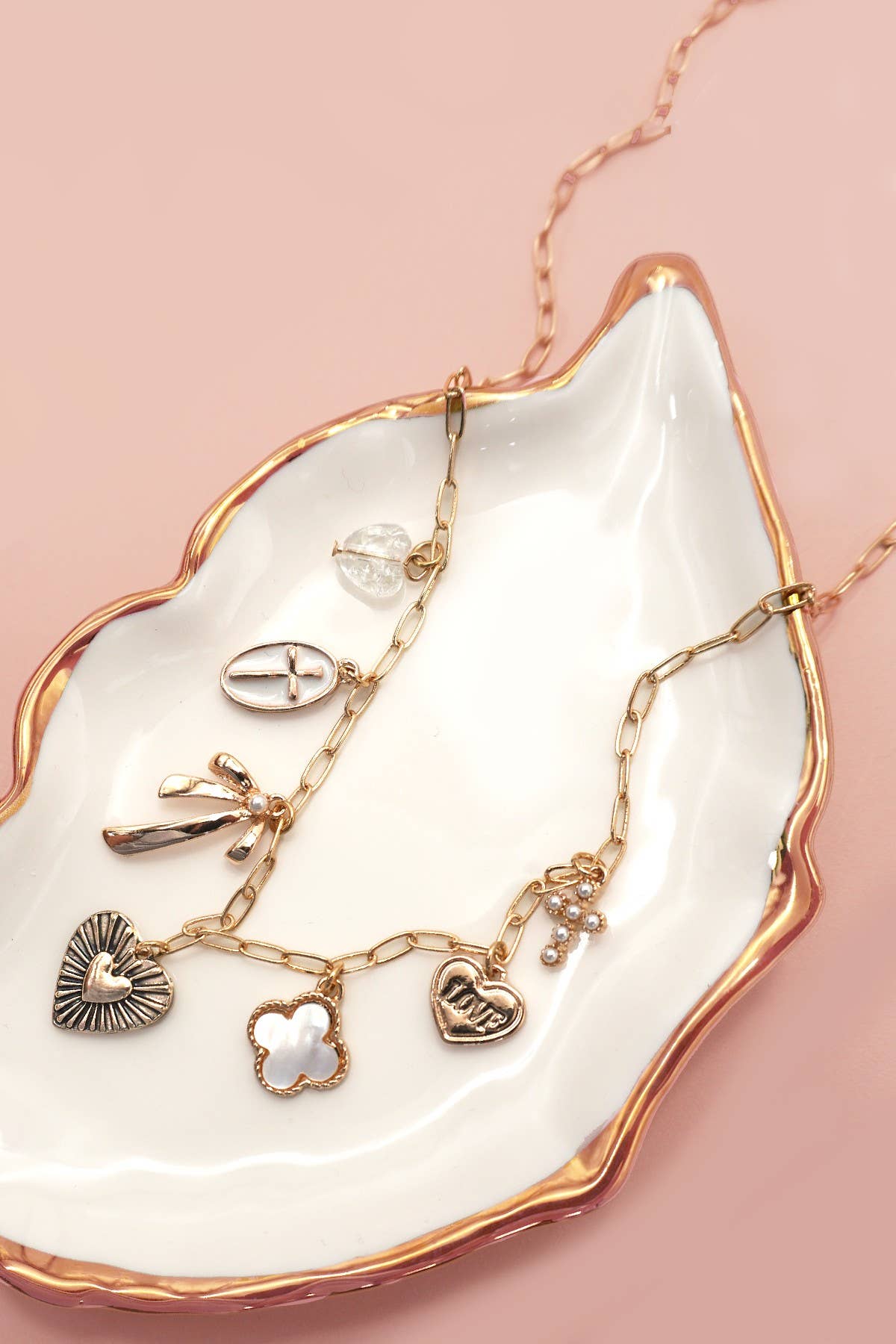 Charm Necklace Clover Bow Cross Heart, Feathered Farmhosue