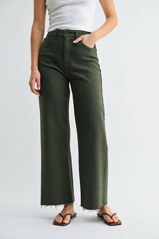 Dark Olive Scissor Cut Wide Leg Jeans, Feathered Farmhouse