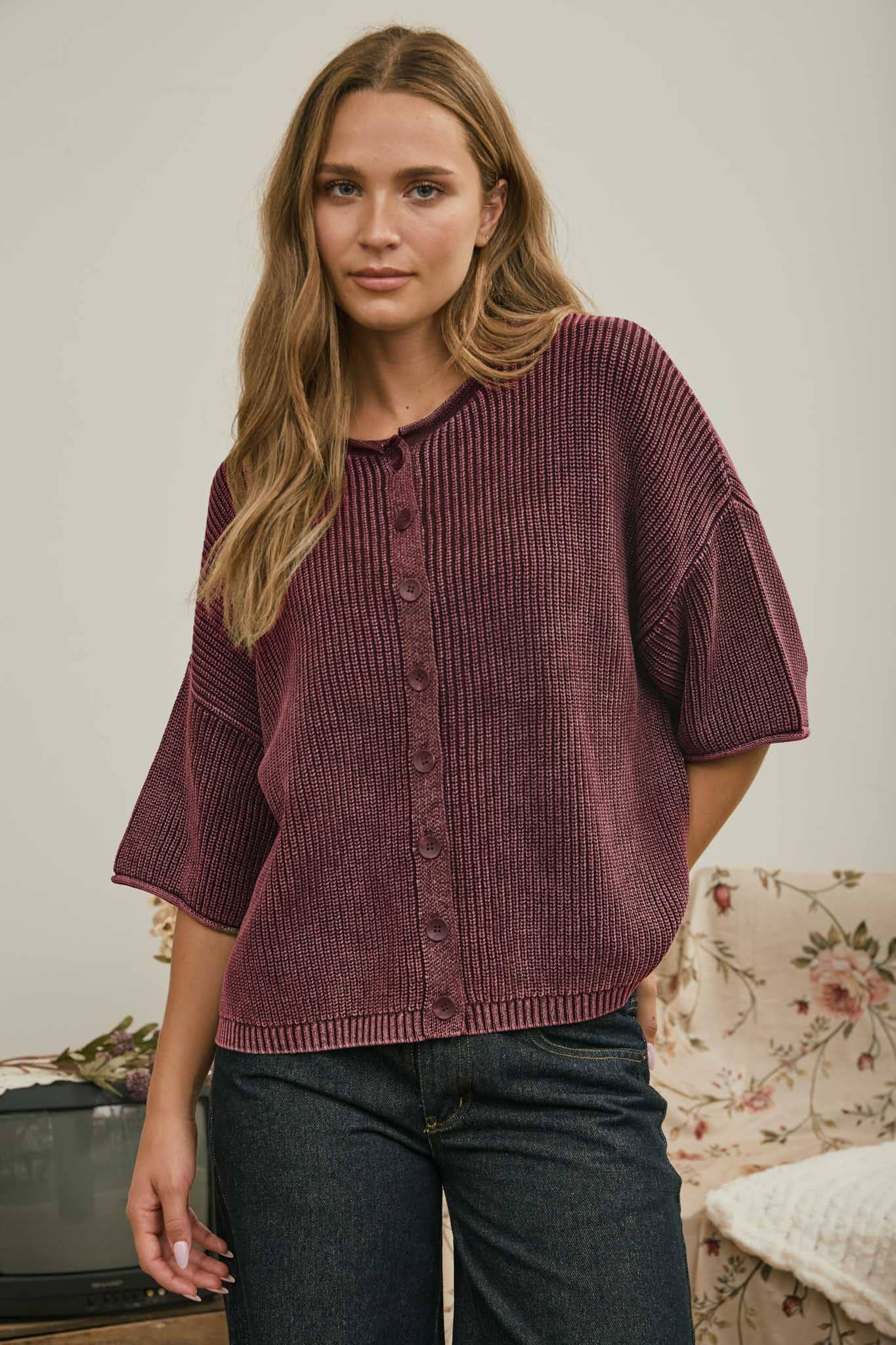 Burgundy Ribbed Rolled Edge Cardigan, Feathered Farmhouse