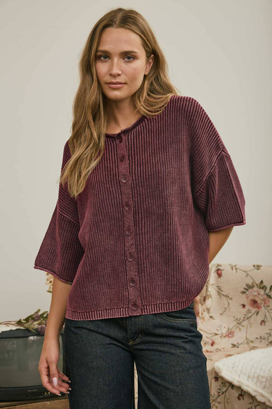 Burgundy Ribbed Rolled Edge Cardigan, Feathered Farmhouse