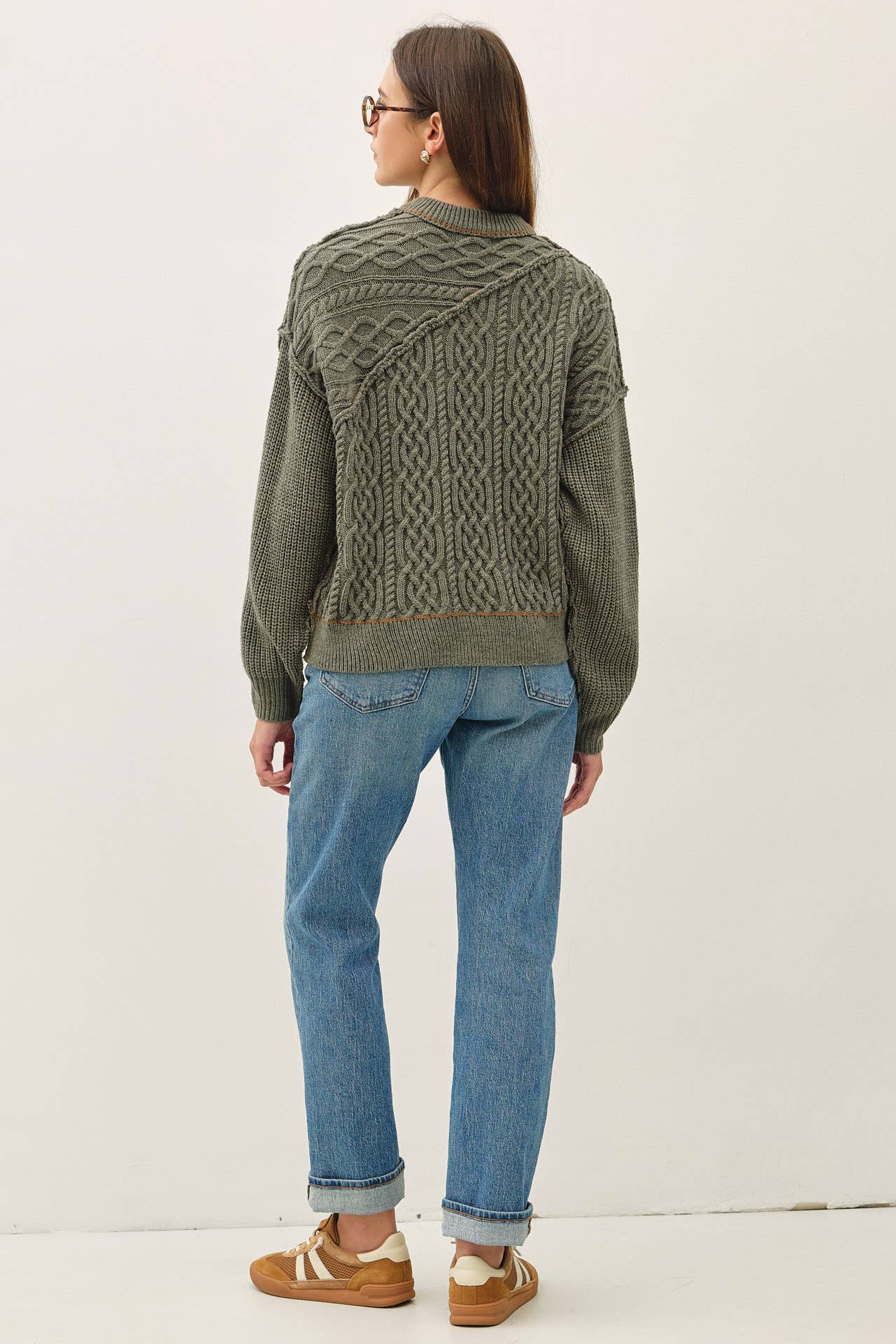 Contrast Stitching Wool Cable Knit Sweater, Feathered Farmhouse