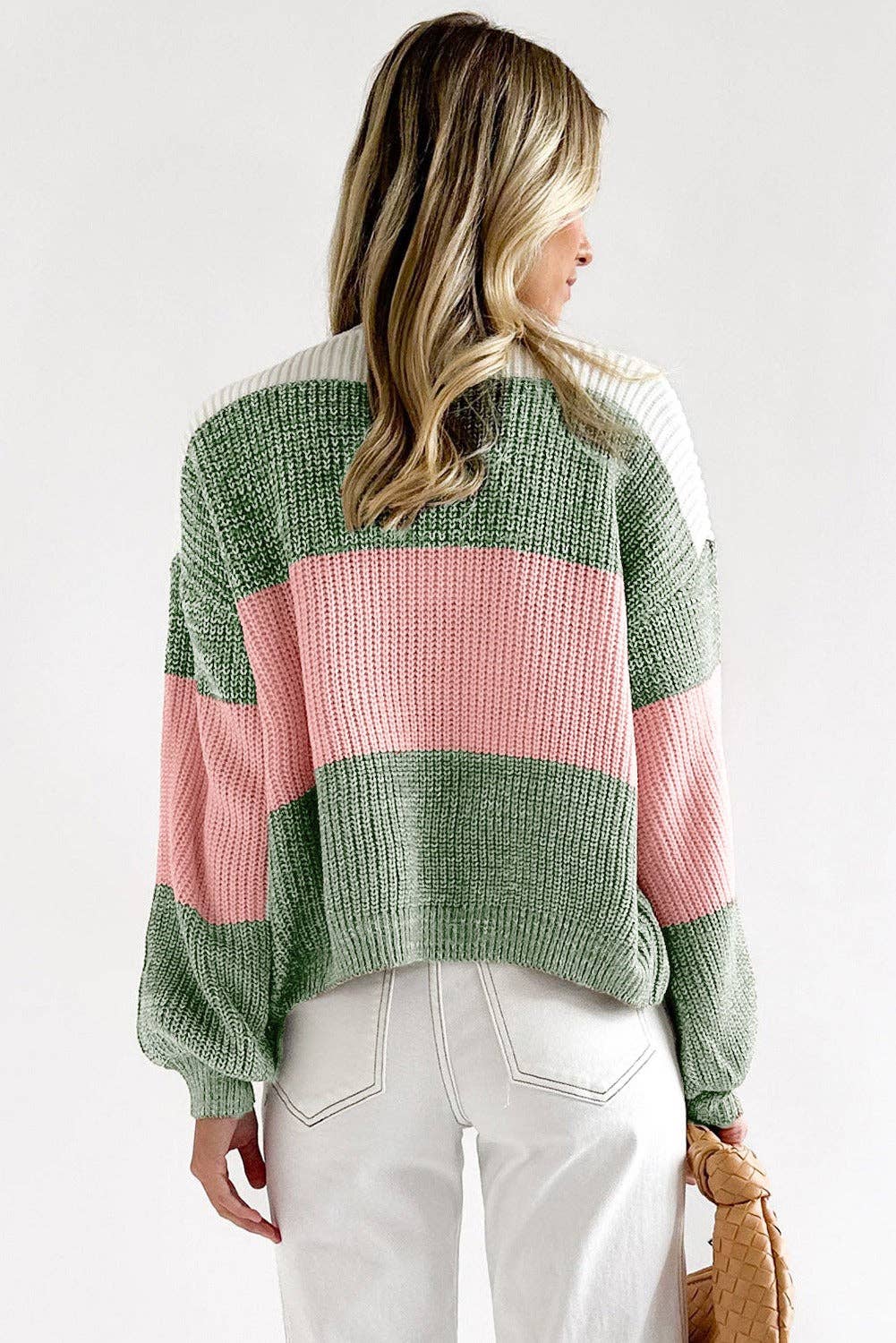 Green Colorblock Drop Shoulder Pullover Loose Sweater, The Feathered Farmhouse