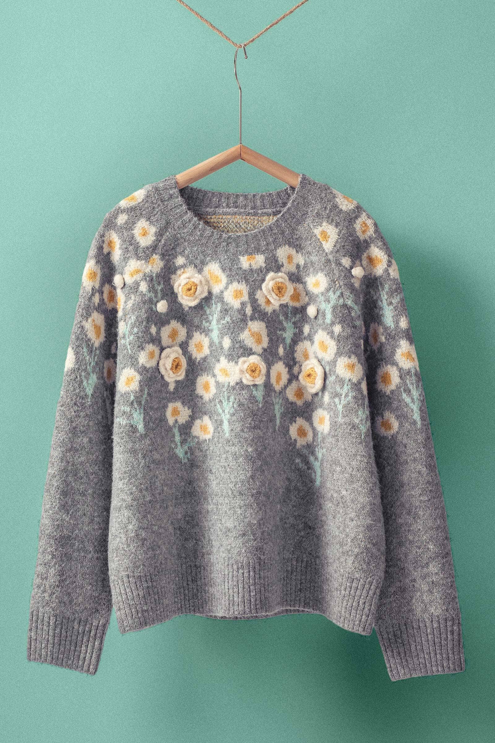 Daisy Embossed 3D Floral Knit Sweater, Feathered Farmhouse