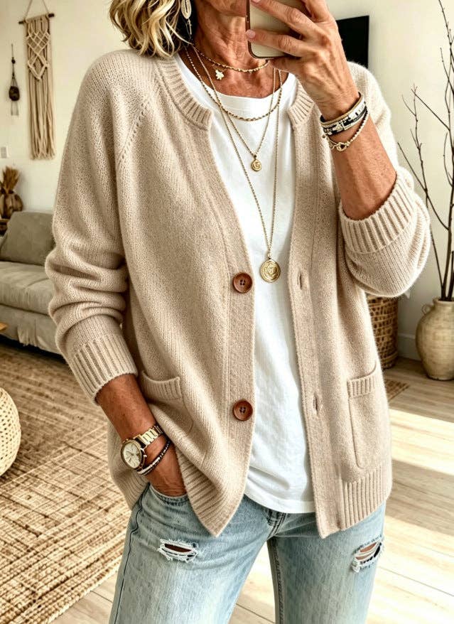 Khaki Button Front Crew Neck Knit Cardigan, Feathered Farmhouse