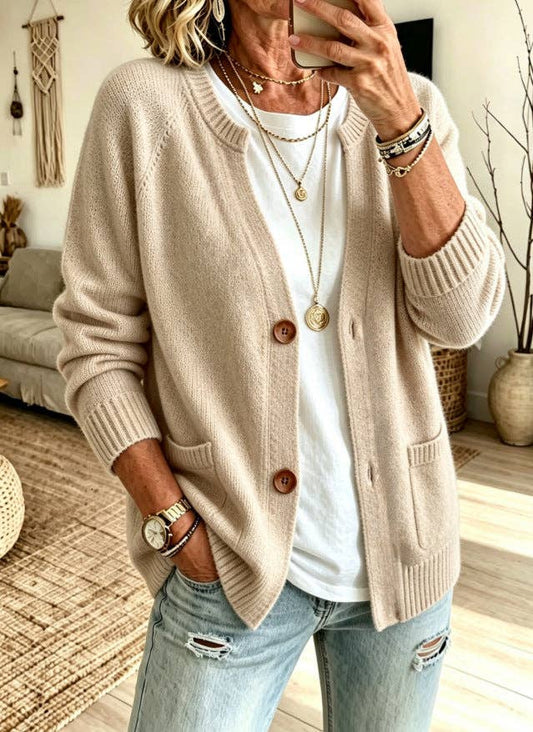Khaki Button Front Crew Neck Knit Cardigan, Feathered Farmhouse
