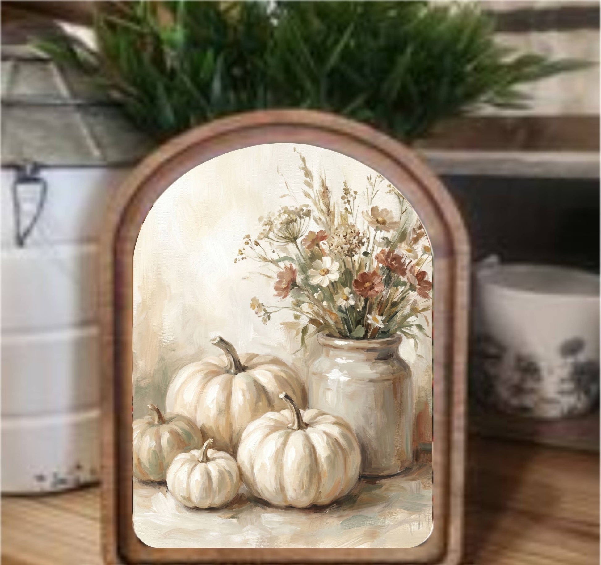 Cream Pumpkins Framed Arch Top, Feathered Farmhouse