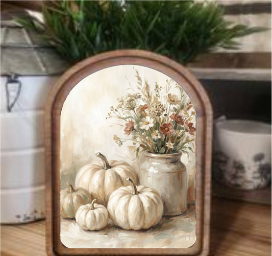 Cream Pumpkins Framed Arch Top, Feathered Farmhouse