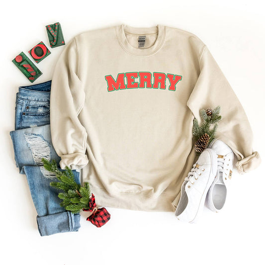 Merry Varsity Sweatshirt, Feathered Farmhouse