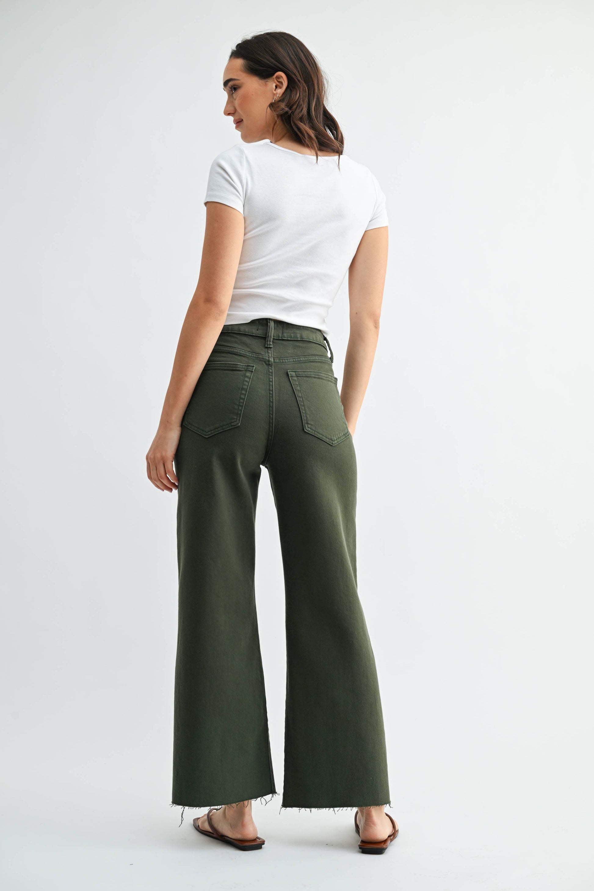 Dark Olive Scissor Cut Wide Leg Jeans, Feathered Farmhouse