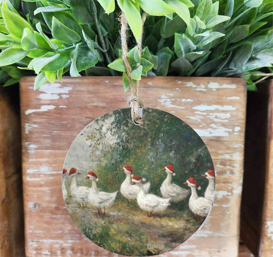 Christmas Geese Wood Ornament, Feathered Farmhouse
