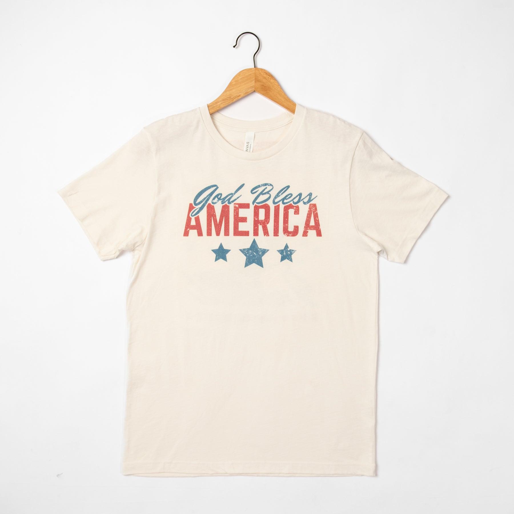 Patriotic 'God Bless America' Ivory Graphic Tee, Feathered Farmhouse
