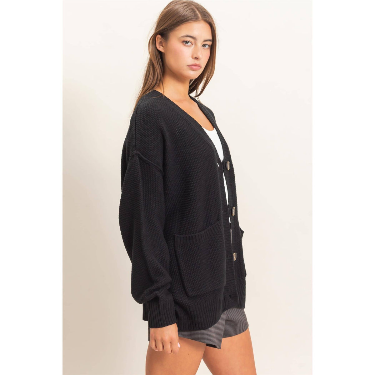 Black Textured Oversized Knit Buttoned Cardigan, Feathered Farmhouse