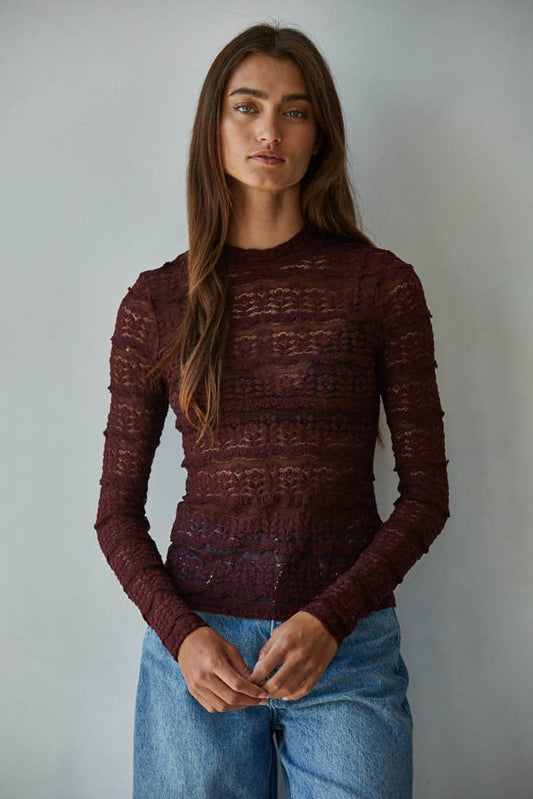 Woven Nylon Cotton Spandex Lace See Through Mock Top, Feathered Farmhouse
