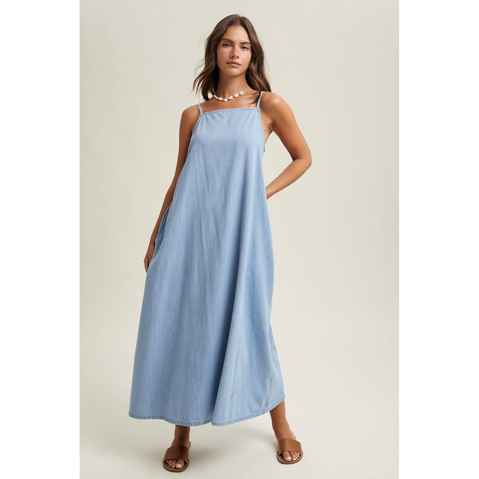 Denim Chambray Maxi Dress, Feathered Farmhouse