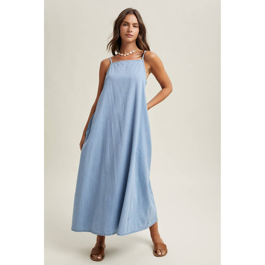 Denim Chambray Maxi Dress, Feathered Farmhouse