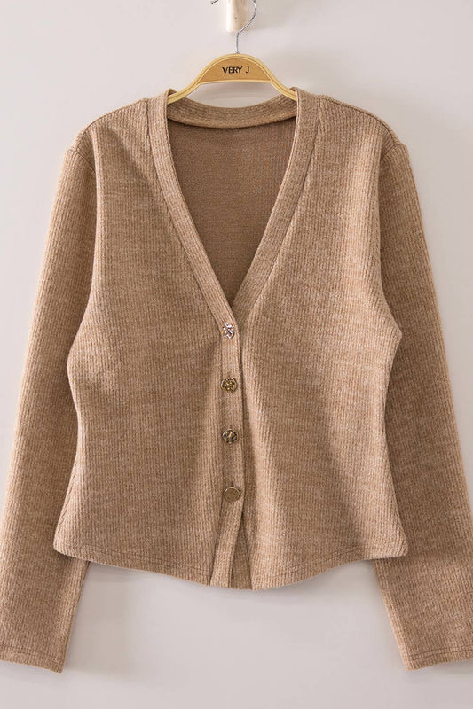 Soft Ribbed V-Neck Cardigan, Feathered Farmhouse