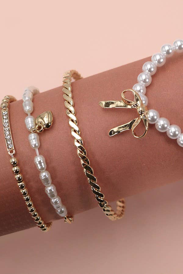 Bow Pearl Rhinestone Bar Stretch Bangle Set, Feathered Farmhouse
