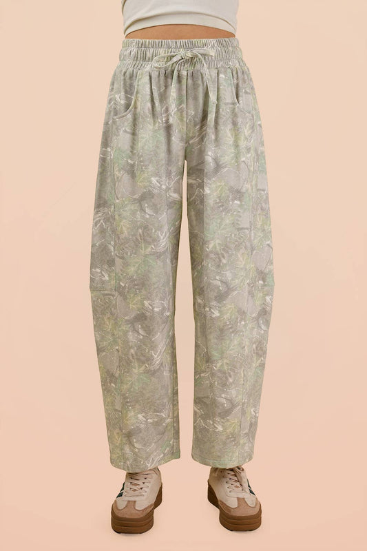 Print Casual Knit Barrel Pants, Feathered Farmhouse