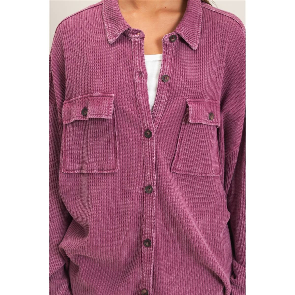 Mineral Wash Waffle Knit Button-Up Shacket, Feathered Farmhouse
