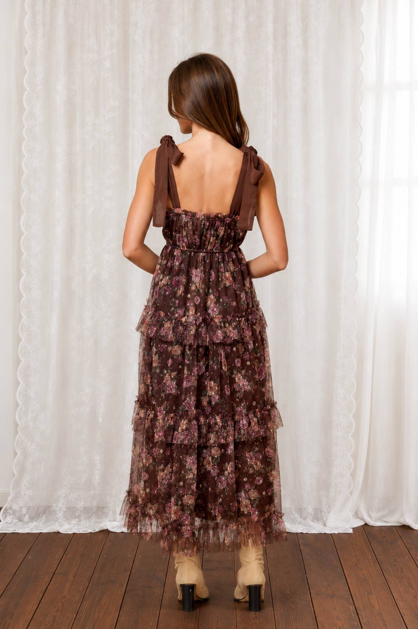 Floral Chiffon Tie Strap Ruffled Tiered Midi Dress, Feathred Farmhouse