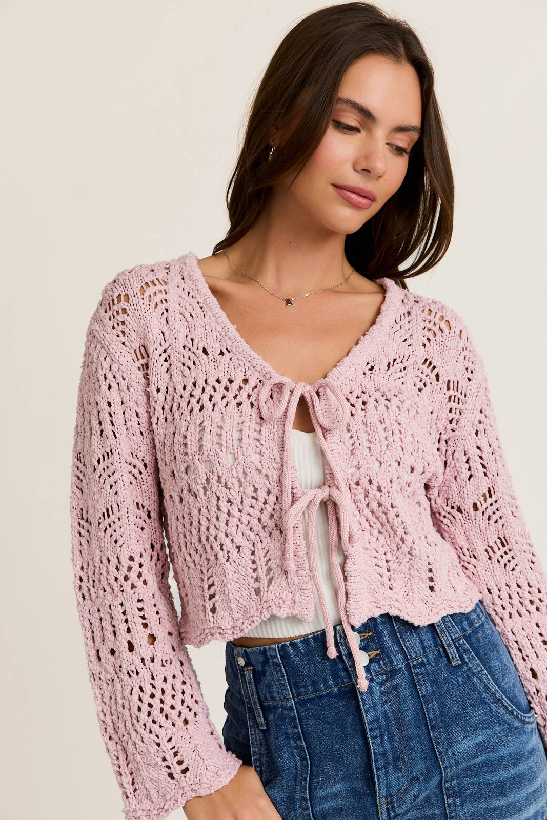 Front Tie Crochet Effect Sweater Top, Feathered Farmhouse