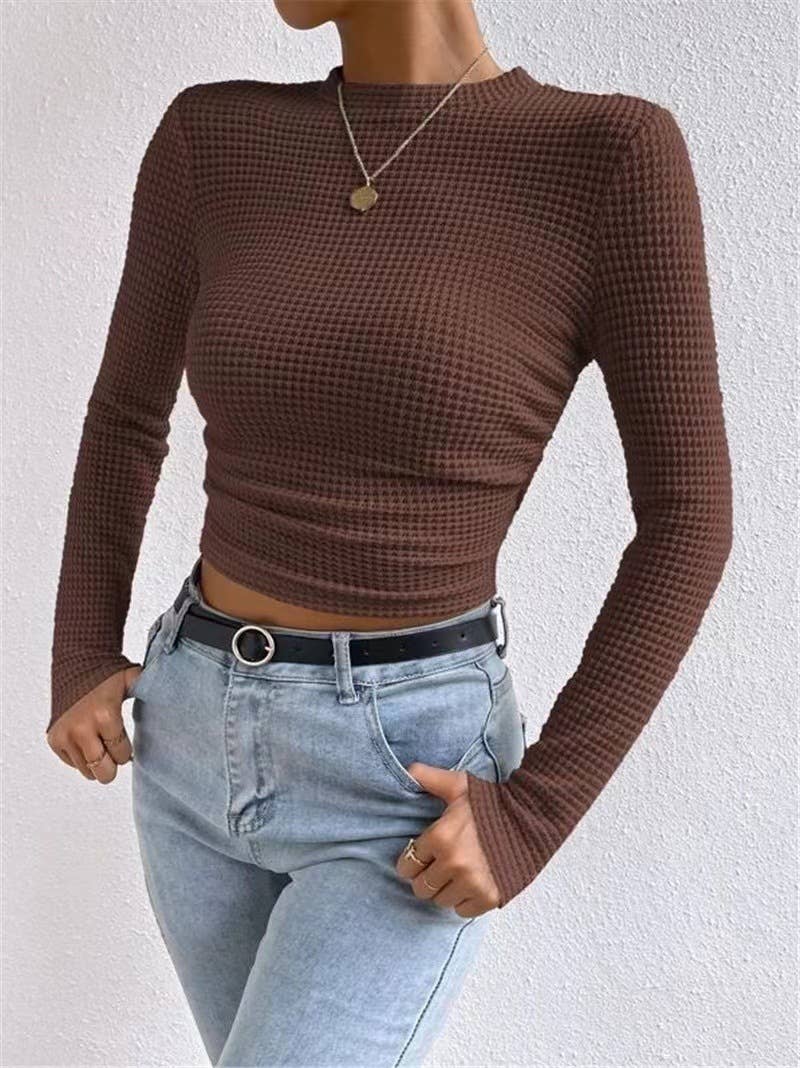 Brown Plain Waffle Fitted long Sleeve Top, Feathered Farmhouse