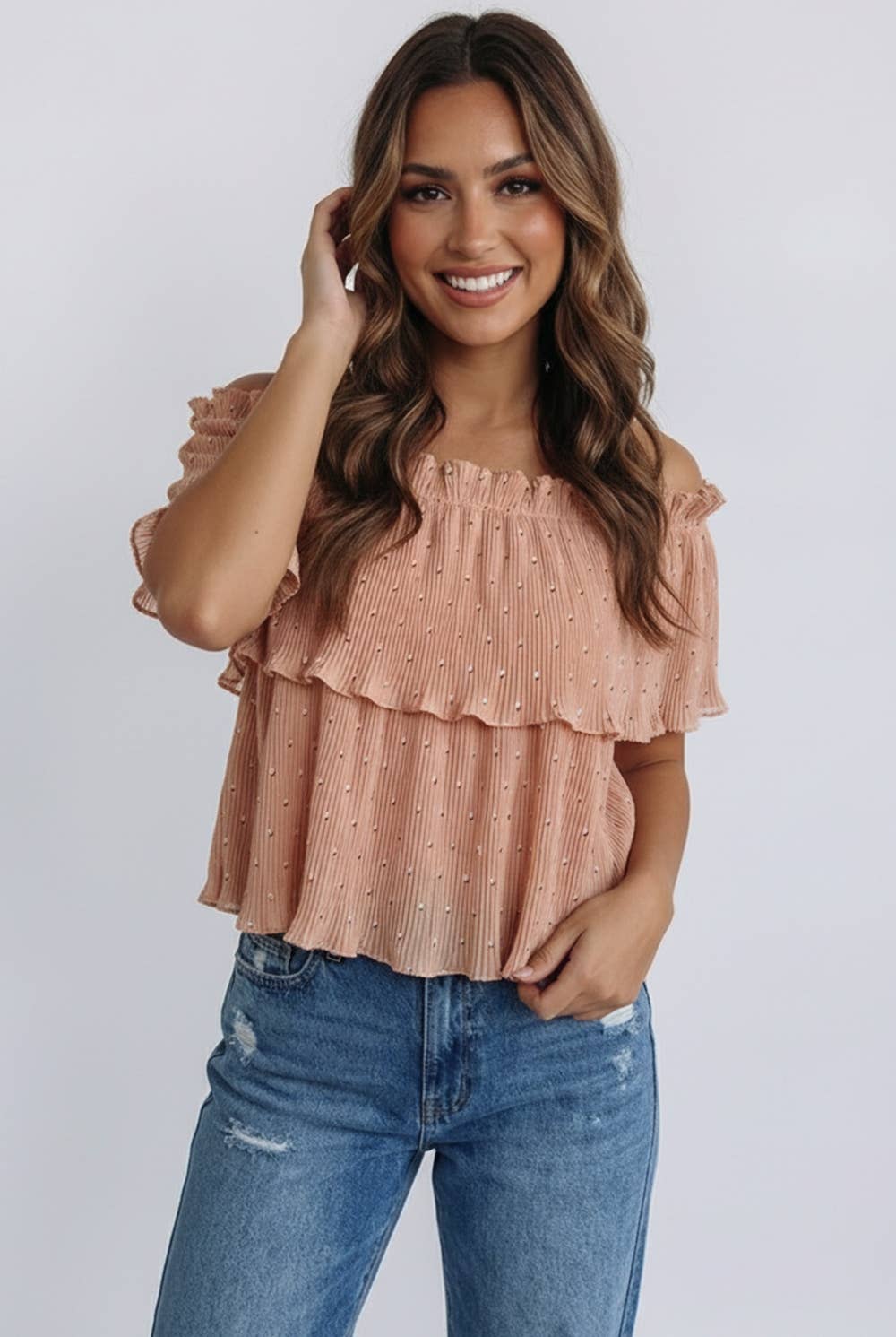 Accordion Pleat Frill Neck Top, Feathered Farmhouse