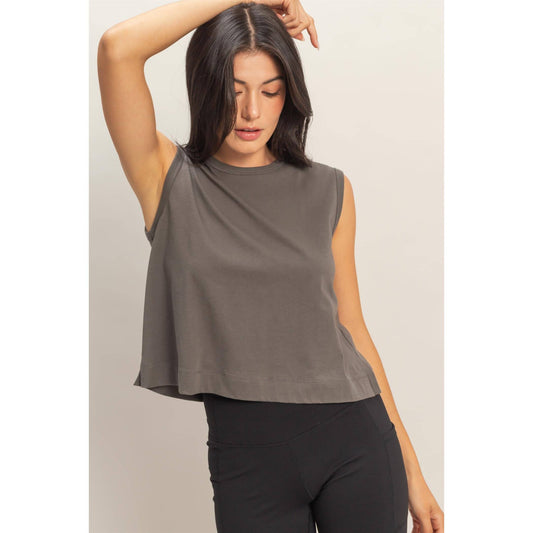 Charcoal Sleeveless Top With Back Pleats, Feathered Farmhouse
