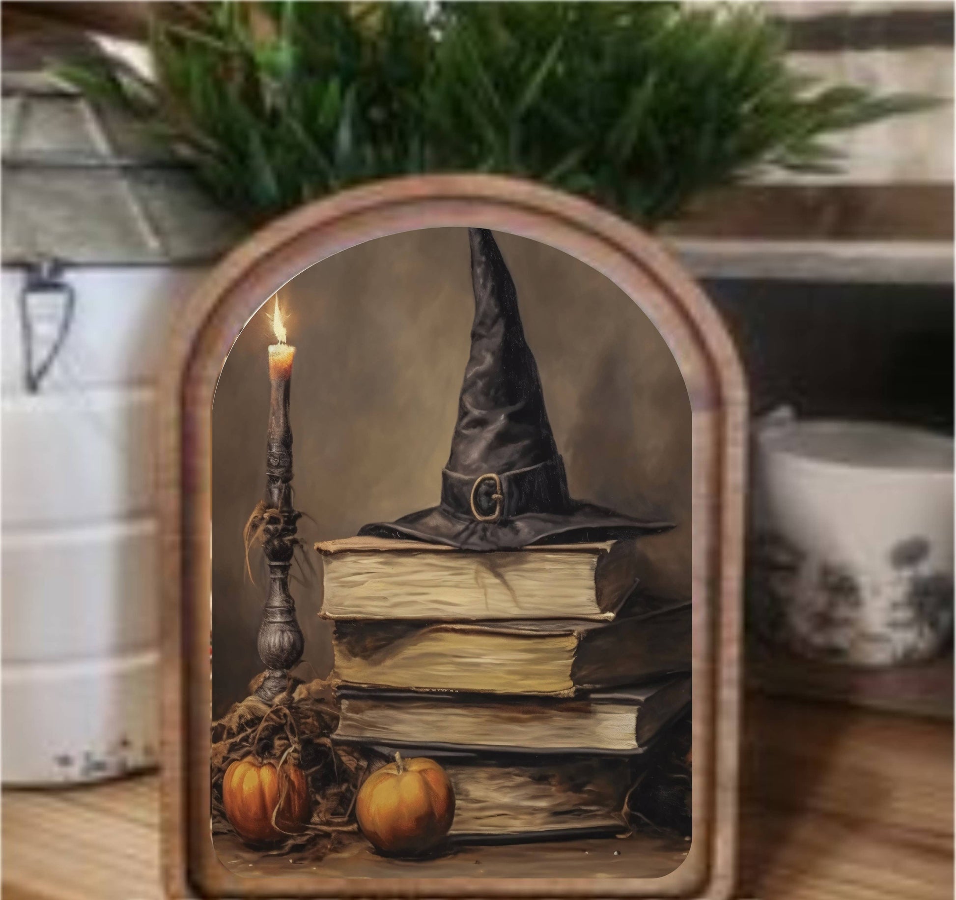 Halloween Books Framed Arch Top, Feathered Farmhouse