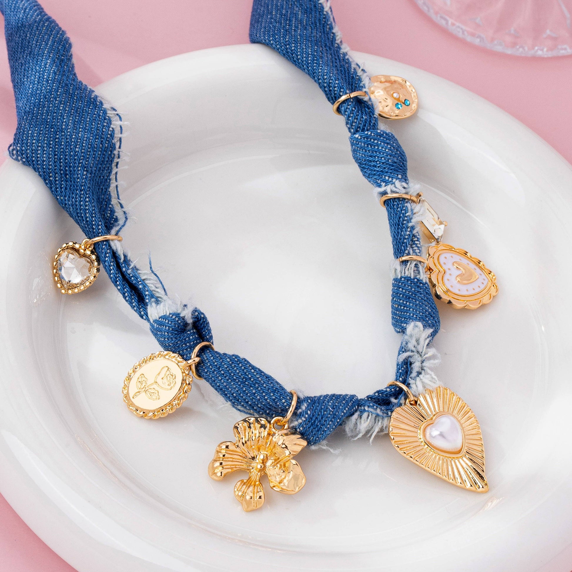 Distressed Denim Heart Floral Charm Necklace, Feathered Farmhouse