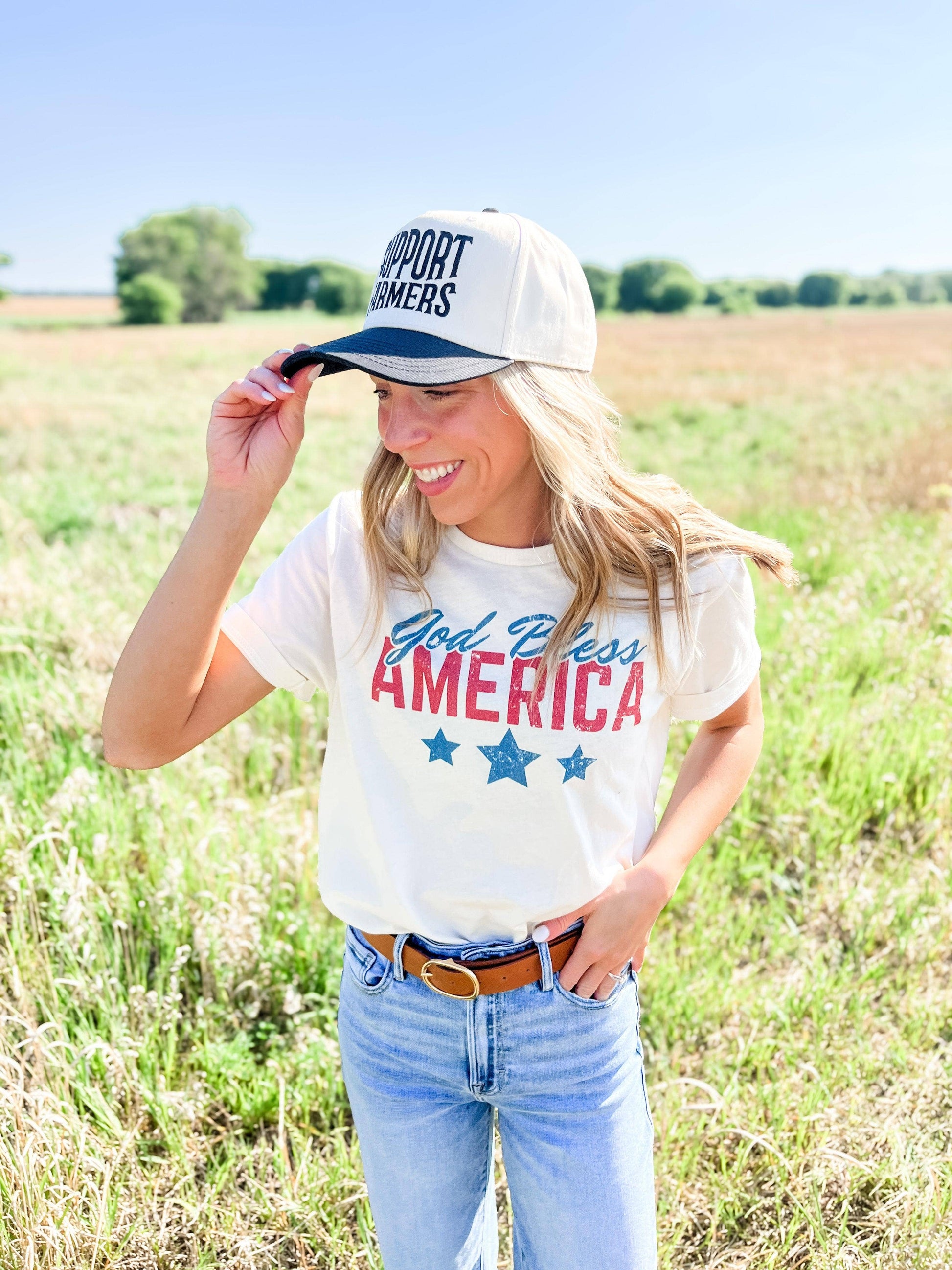 Patriotic 'God Bless America' Ivory Graphic Tee, Feathered Farmhouse