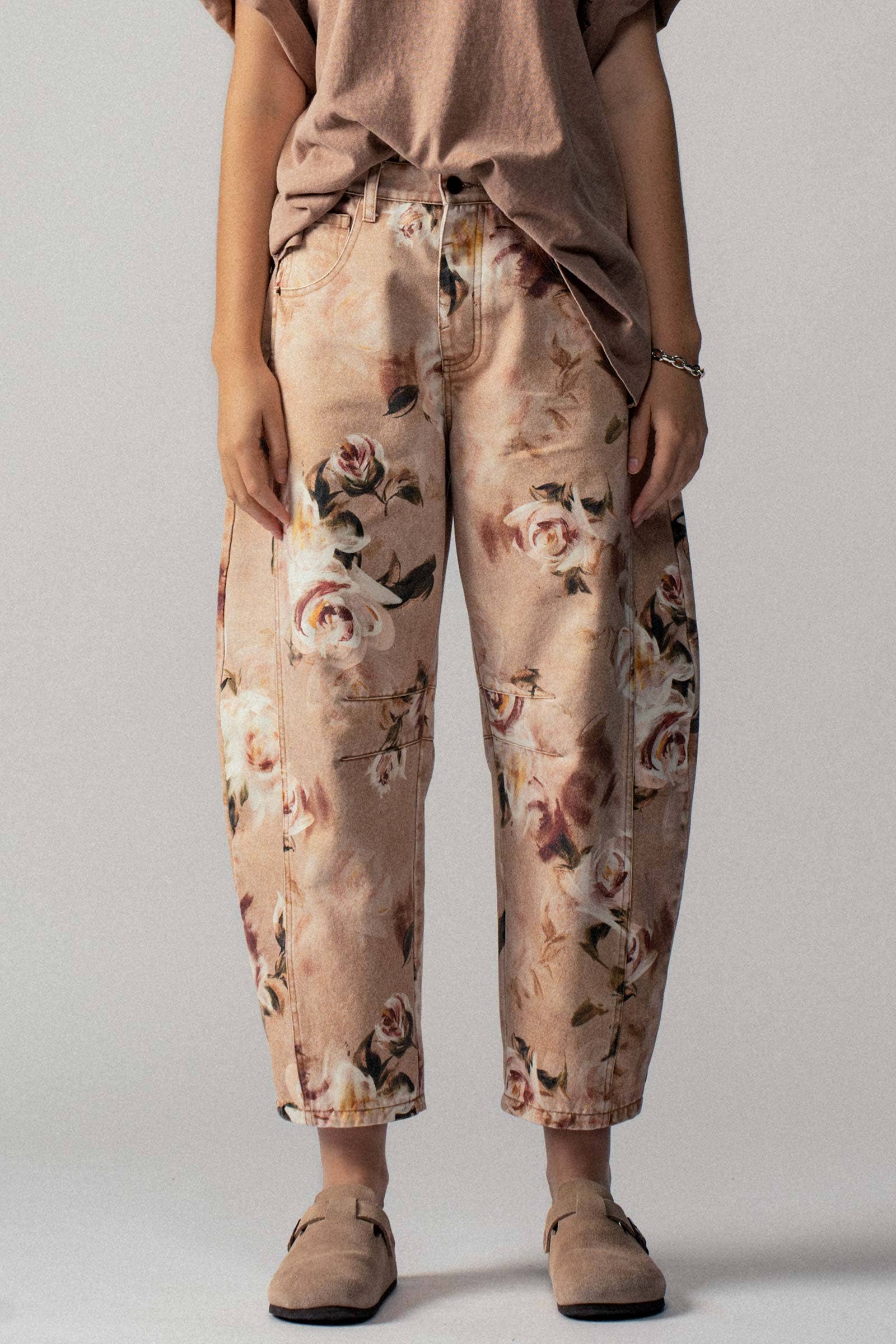 Vintage Rose Print Wide Leg Jeans, Feathered Farmhouse