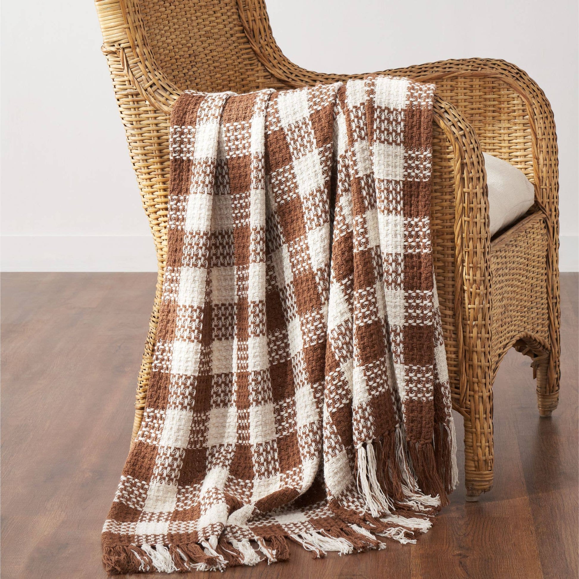 Amber Heritage Check Throw Blanket with Fringe, Feathered Farmhouse