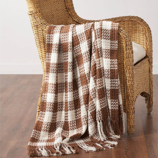 Amber Heritage Check Throw Blanket with Fringe, Feathered Farmhouse