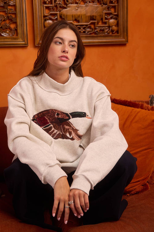 Mallard Embroidered Mock-Neck Sweatshirt, Feathered Farmhouse