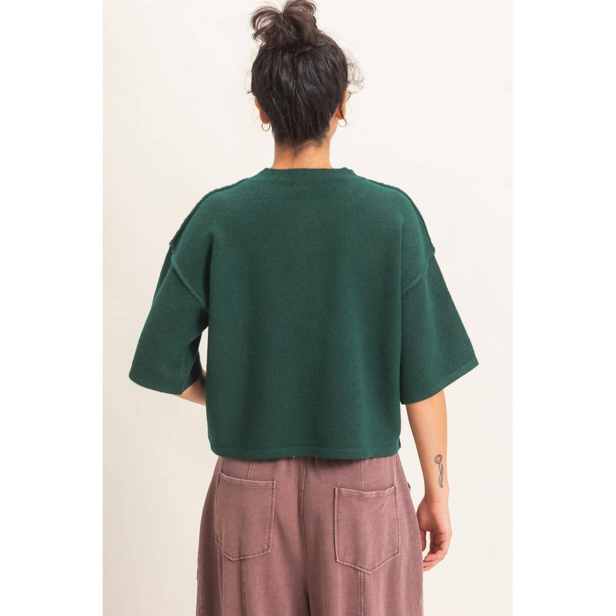 Dark Green Drop Shoulder Short Sleeve Cardigan, Feathered Farmhouse