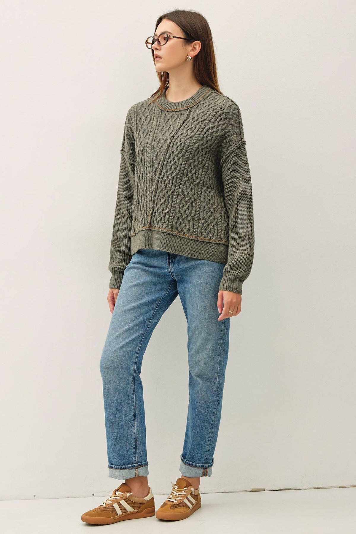 Contrast Stitching Wool Cable Knit Sweater, Feathered Farmhouse