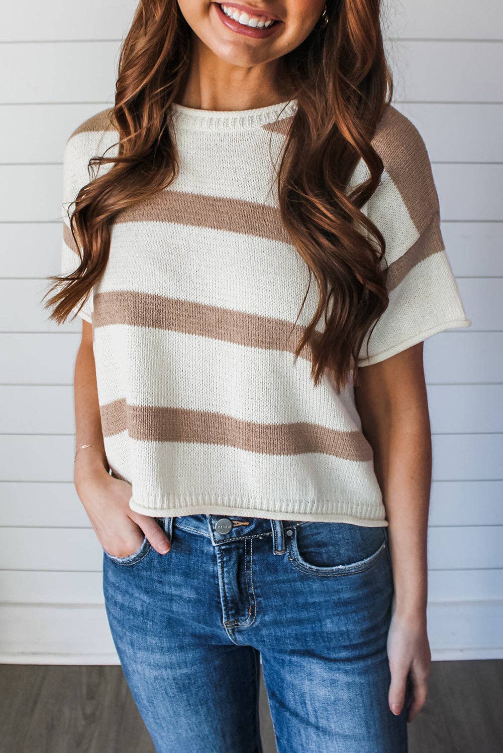 Khaki Stripe Dropped Short Sleeve Lightweight Knitted Top, Feathered Farmhouse