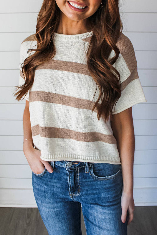 Khaki Stripe Dropped Short Sleeve Lightweight Knitted Top, Feathered Farmhouse
