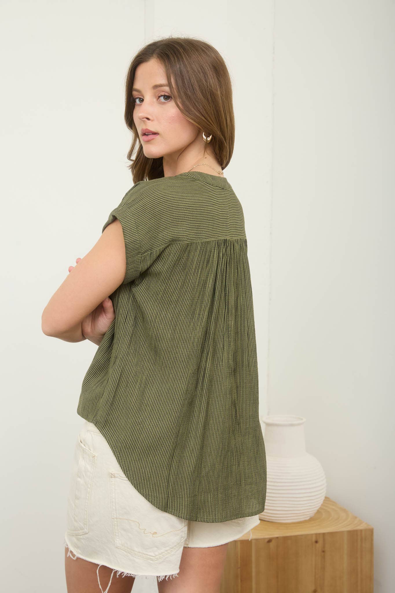 Olive Pinstripe Shirt, Feathered Farmhouse