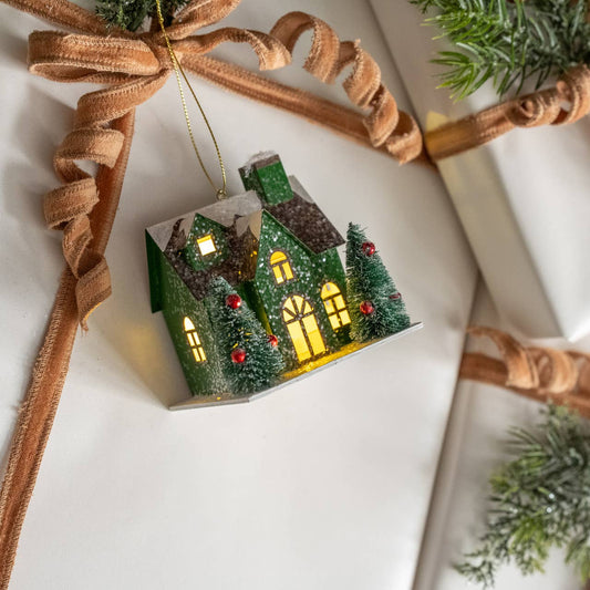 Green Lighted House Ornament, Feathered Farmhouse