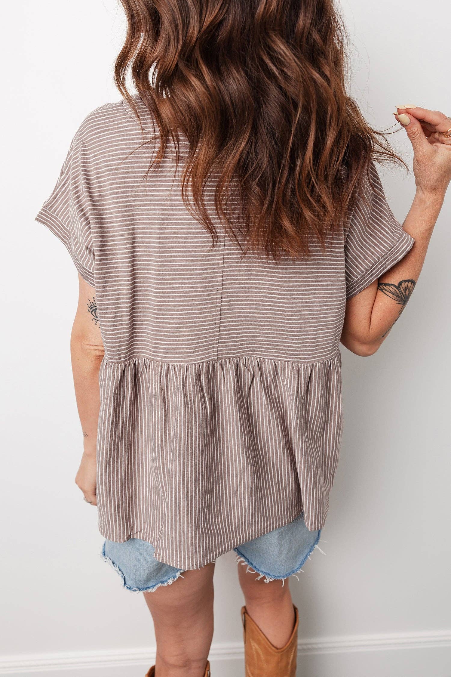 Stripe Buttoned V-Neck Short Sleeve T-Shirt, Feathered Farmhouse